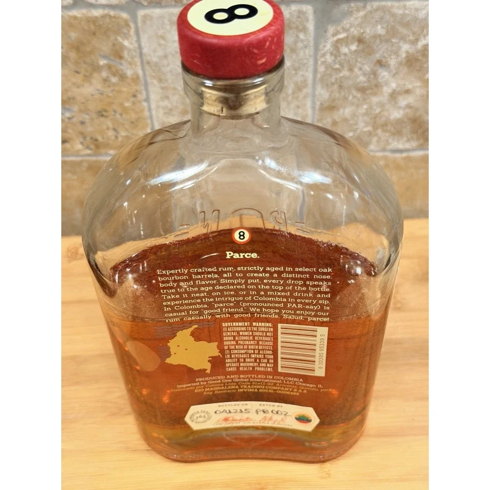 Resin Filled Faux Rum Bottle Parce 8 Year Colombia Luxe Bar Decor Display *